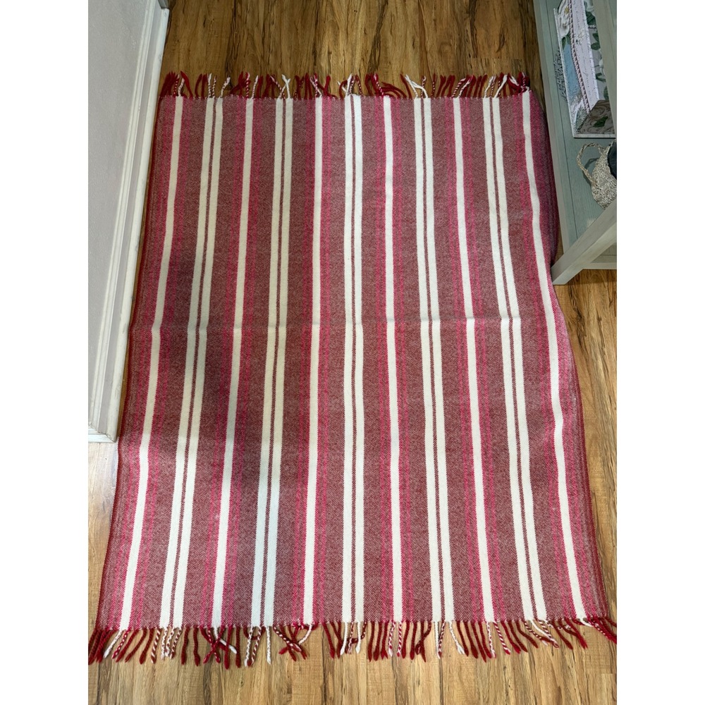 Vintage Red  White Striped Wool Blend Throw Blanket with Fringe Tassels